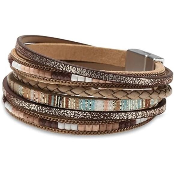 Leather Wrap Bracelets Boho Leopard Multi-Layer Crystal Beads Cuff Bracelet - Picture 6 of 6